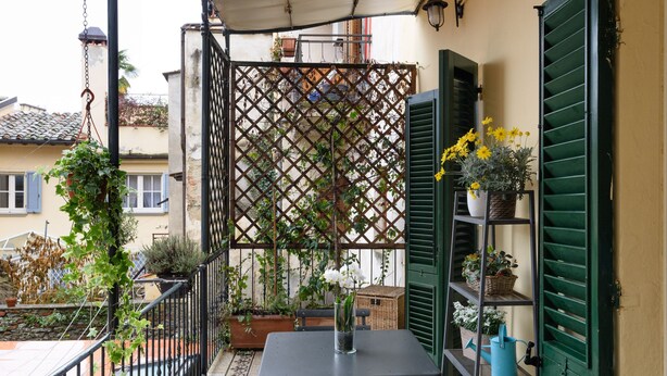 Un balcón con una mesa, sillas, una planta colgante y una celosía.