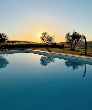 A clear swimming pool with a view of the sunset and trees in the background.
