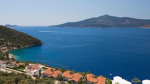Une vue sur la côte, avec des maisons et une mer bleue et limpide.