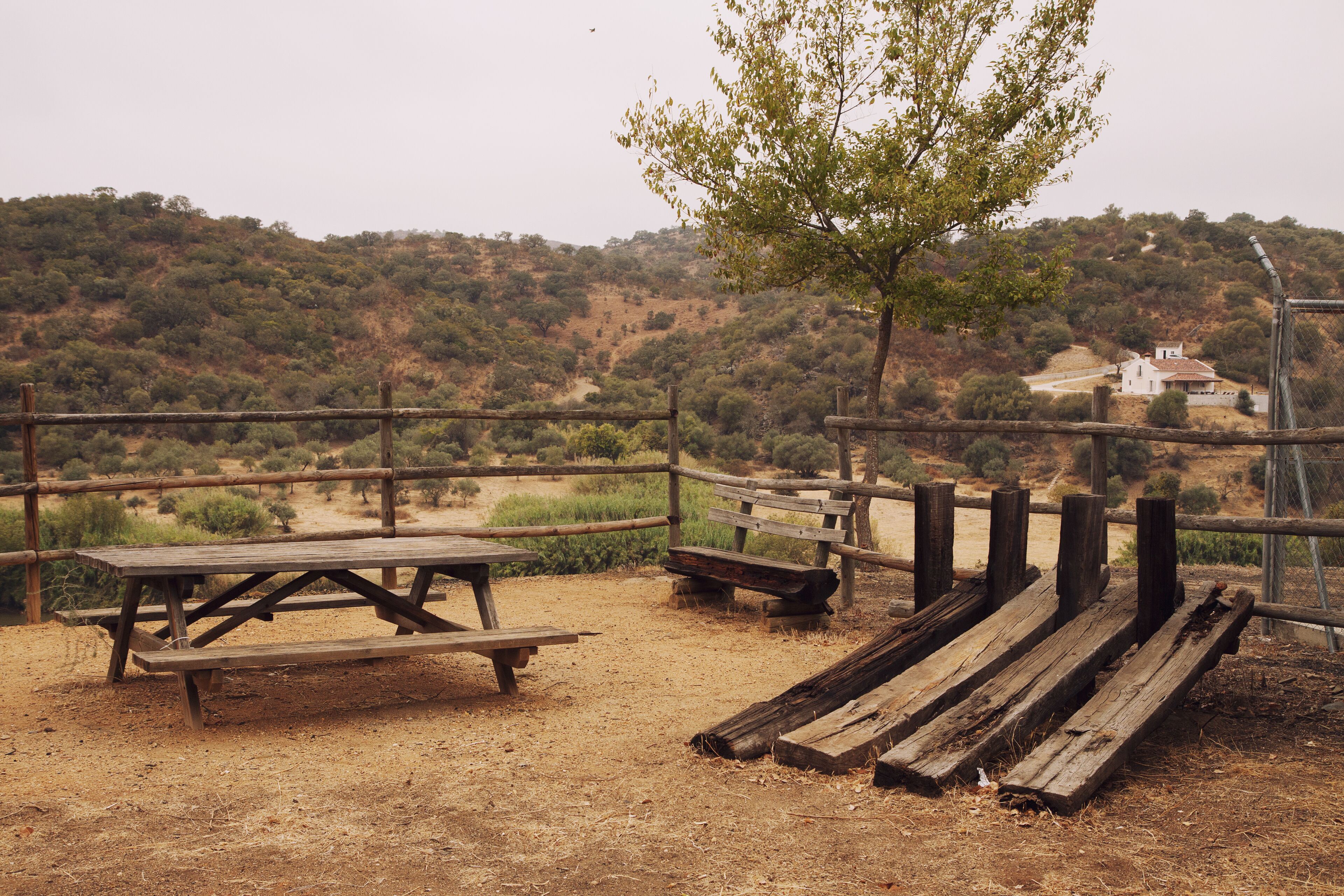 Un cadre extérieur rustique avec une table de pique-nique et des bancs en bois, le tout entouré d’une clôture en bois.