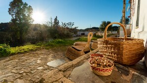Un patio empedrado con muebles de mimbre y cestas de nueces.