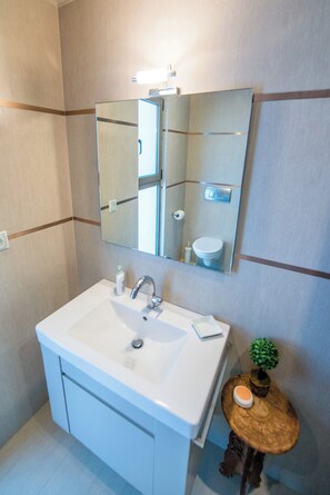 Suihkun ja ammeen yhdistelmä, hiustenkuivaaja, pyyhkeet, saippua