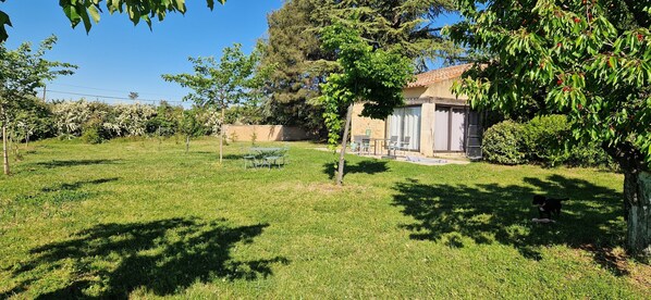 A grassy outdoor area with a small building, a table with chairs, and a tree.