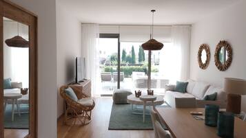 Luxury Apartment, 3 Bedrooms, Ground Floor | Living area | 40-inch LCD TV with satellite channels, TV, toys