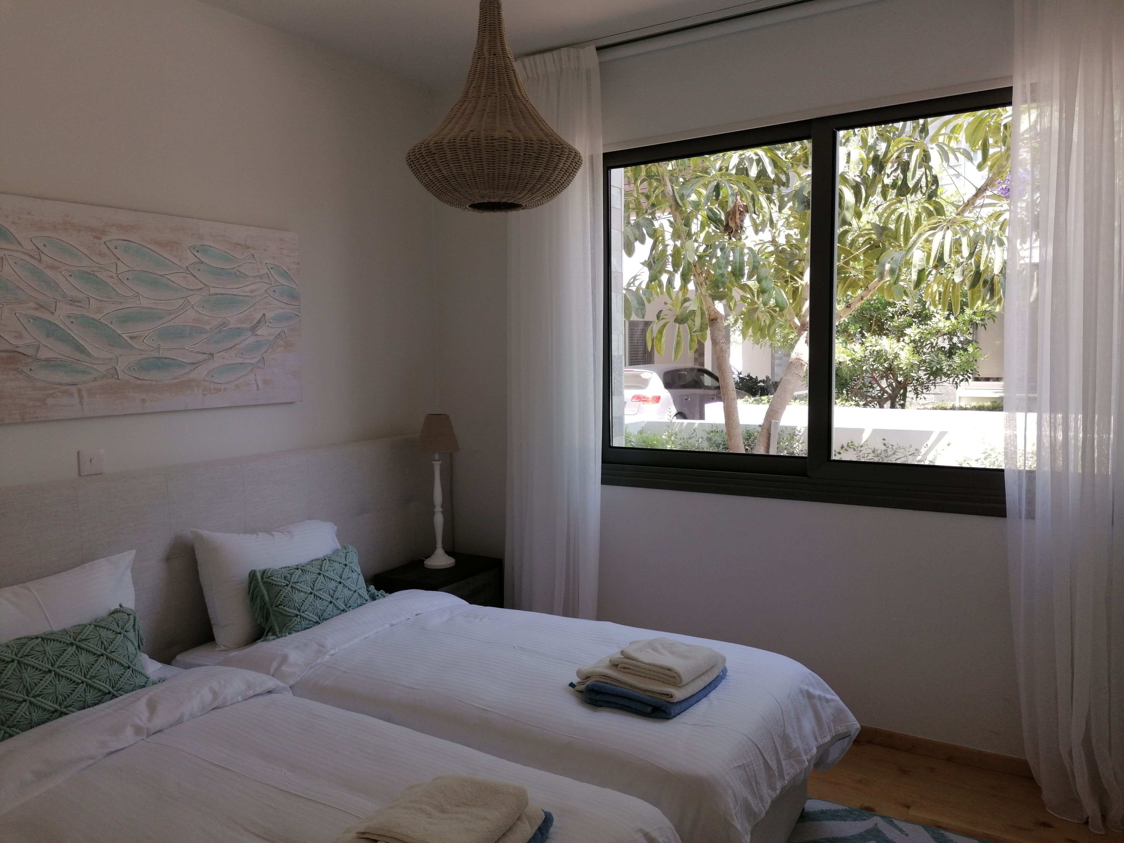 A bedroom with two beds, a hanging light fixture, a window with a view of trees and parked cars, and a wall with a fish pattern.