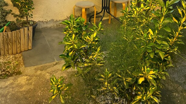 A sign for the Downtown Hotel with a neon sign and a small outdoor seating area with two stools and a table. - Downtown Hotel Tbilisi (Tbilisi)