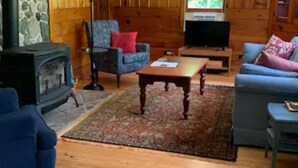 A cozy living room with a stone wall, wooden paneling, a fireplace, a television, and a sofa.