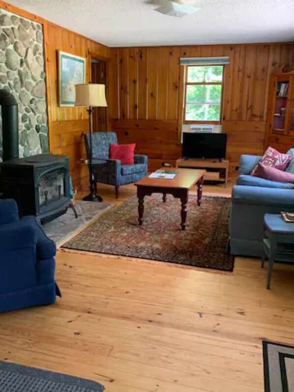 Smart TV, fireplace, DVD player, books