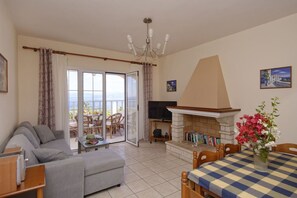 Télévision, cheminée, chaîne hi-fi