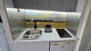 A compact kitchenette with a stainless steel sink, a black kettle, and a built-in induction cooktop.