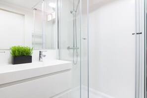 Shower, hair dryer, towels