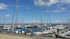 Een jachthaven met veel boten afgemeerd, een heldere lucht en rustig water.