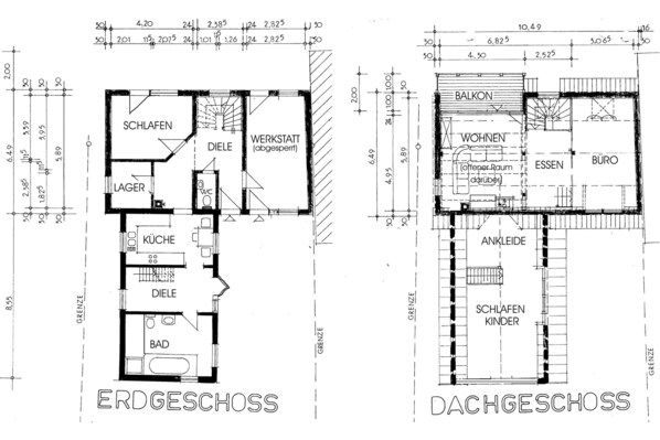 Floor plans for two hotel rooms, ERDGESCHOSS and DACHGESCHOSS, detailing room layouts, dimensions, and amenities. - Holiday home fireplace & air conditioning 160 sqm, 3 bedrooms, 12 persons near Strasbourg/Europapark (Rheinau)