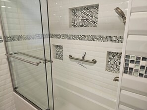Combined shower/tub, hair dryer