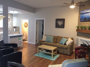 TV, fireplace, DVD player, stereo