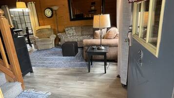 TV, lareira, DVD player, livros