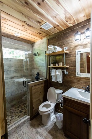 Combined shower/tub, hair dryer, towels, soap - Amazing View - 5M to BR - Private - 2 King rooms on main - Hot tub - Fire Pit (Blue Ridge)