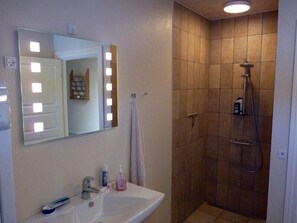 Shower, towels, soap, toilet paper