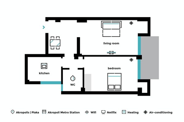 Plan d’étage d’un hôtel comprenant une cuisine, un salon, une chambre et des toilettes. Il propose également des équipements tels que le Wi-Fi, Netflix, le chauffage et la climatisation.