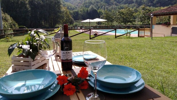 Mesa al aire libre con botella de vino, copas y platos, con vista a una piscina y colinas boscosas.