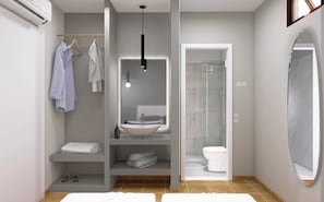 Shower, hair dryer, towels