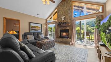 Smart TV, fireplace, DVD player, books