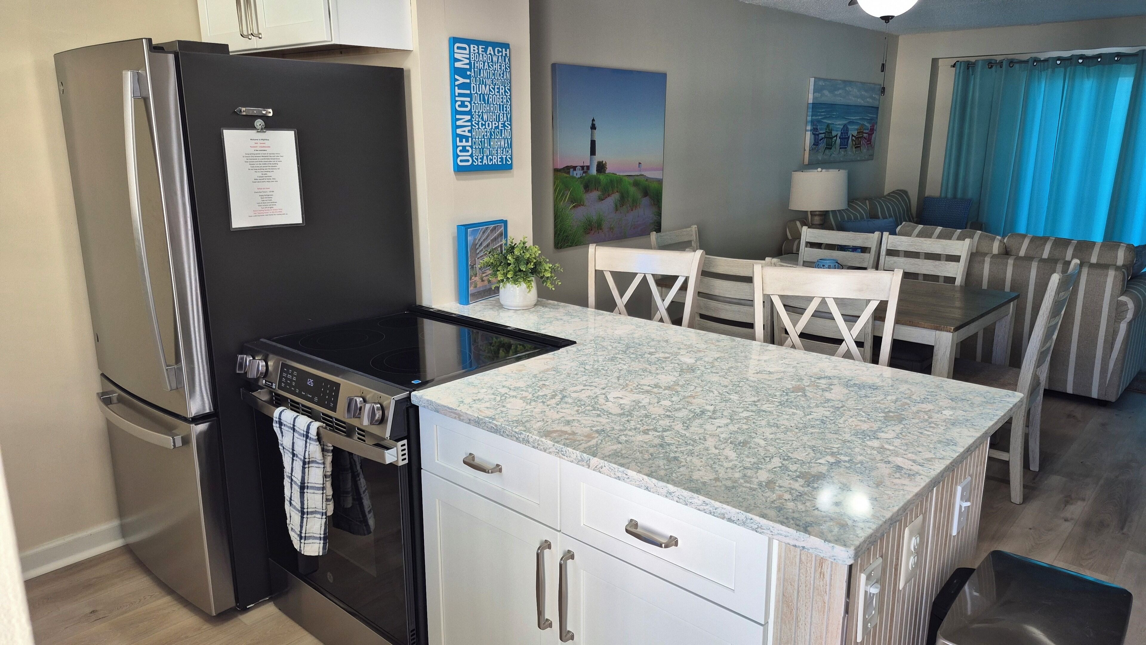 Coffee/tea maker, fridge, microwave, oven