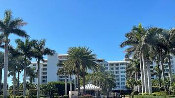 A hotel with a central courtyard, palm trees, and a building with multiple floors and balconies.