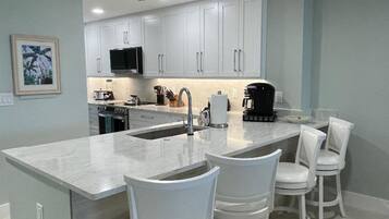 A modern kitchen with white cabinets, a central island with bar stools, and a microwave.