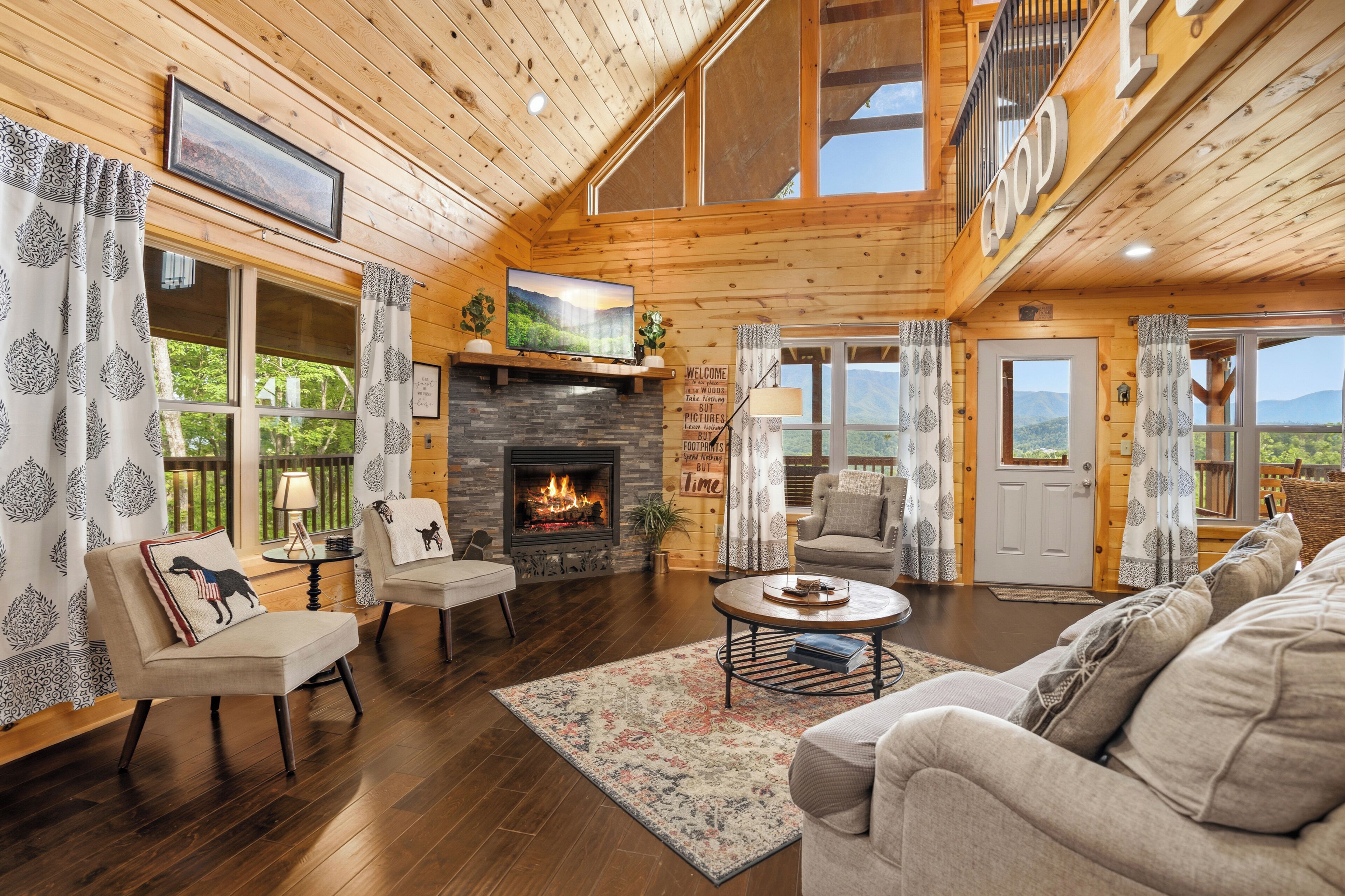 Smart TV, fireplace, video games, DVD player
