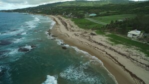 A coastal landscape with a sandy beach, ocean waves, and a green hillside with houses.