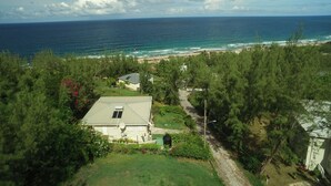 A coastal property with a house surrounded by dense greenery, a clear view of the ocean, and a sandy beach.