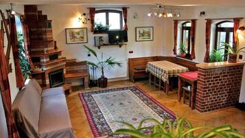 Smart TV, fireplace, DVD player, books