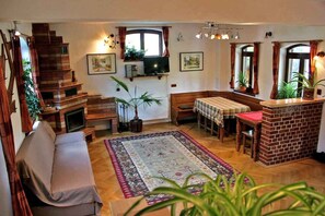 Smart TV, fireplace, DVD player, books