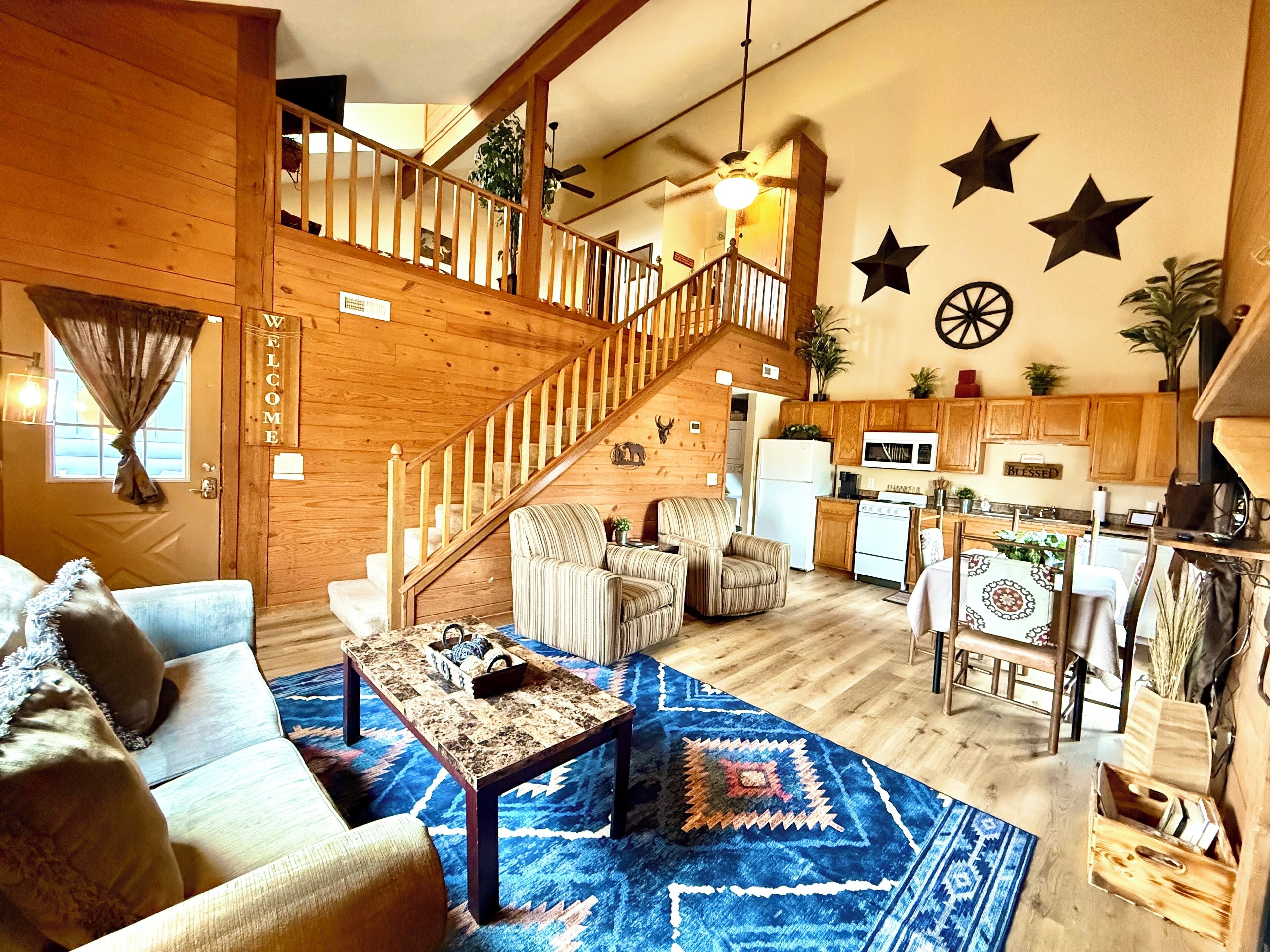 Smart TV, fireplace, DVD player, books