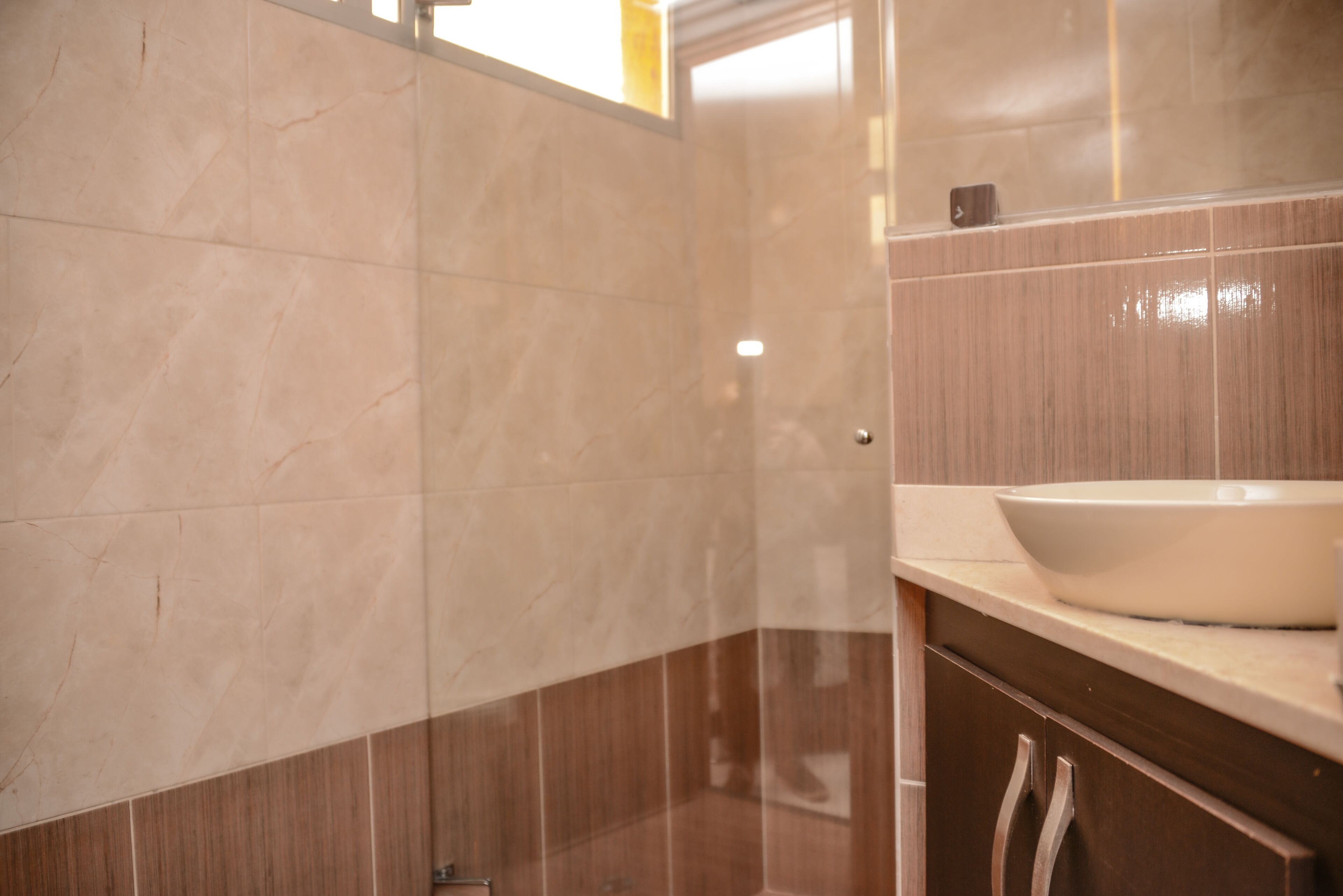 Une salle de bain avec un grand lavabo blanc, des meubles de couleur brun foncé et un mur recouvert de carreaux.