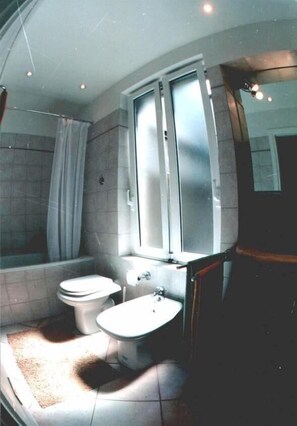 Hair dryer, towels, shampoo, toilet paper