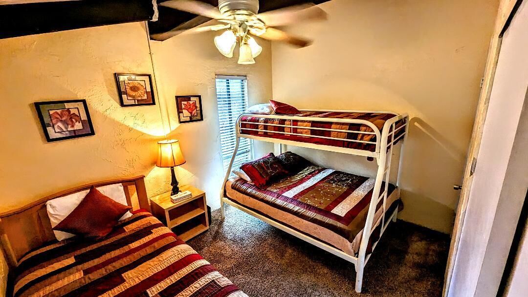 A bunk bed room with a ceiling fan, a bedside lamp, and framed pictures on the wall.