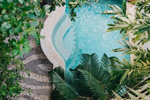 Una piscina rodeada de abundante vegetación y un suelo con diseño.