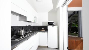 Réfrigérateur, micro-ondes, batterie de cuisine, vaisselle et ustensiles