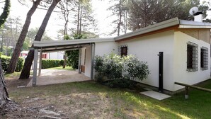 A single-story house with a covered patio, a small garden, and a satellite dish.