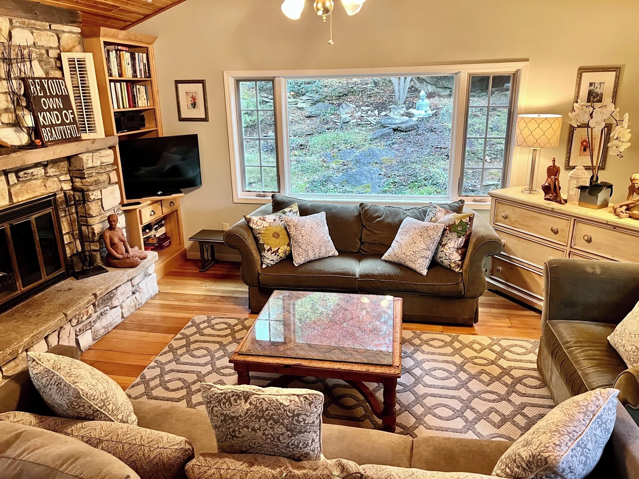 TV, fireplace, DVD player, books