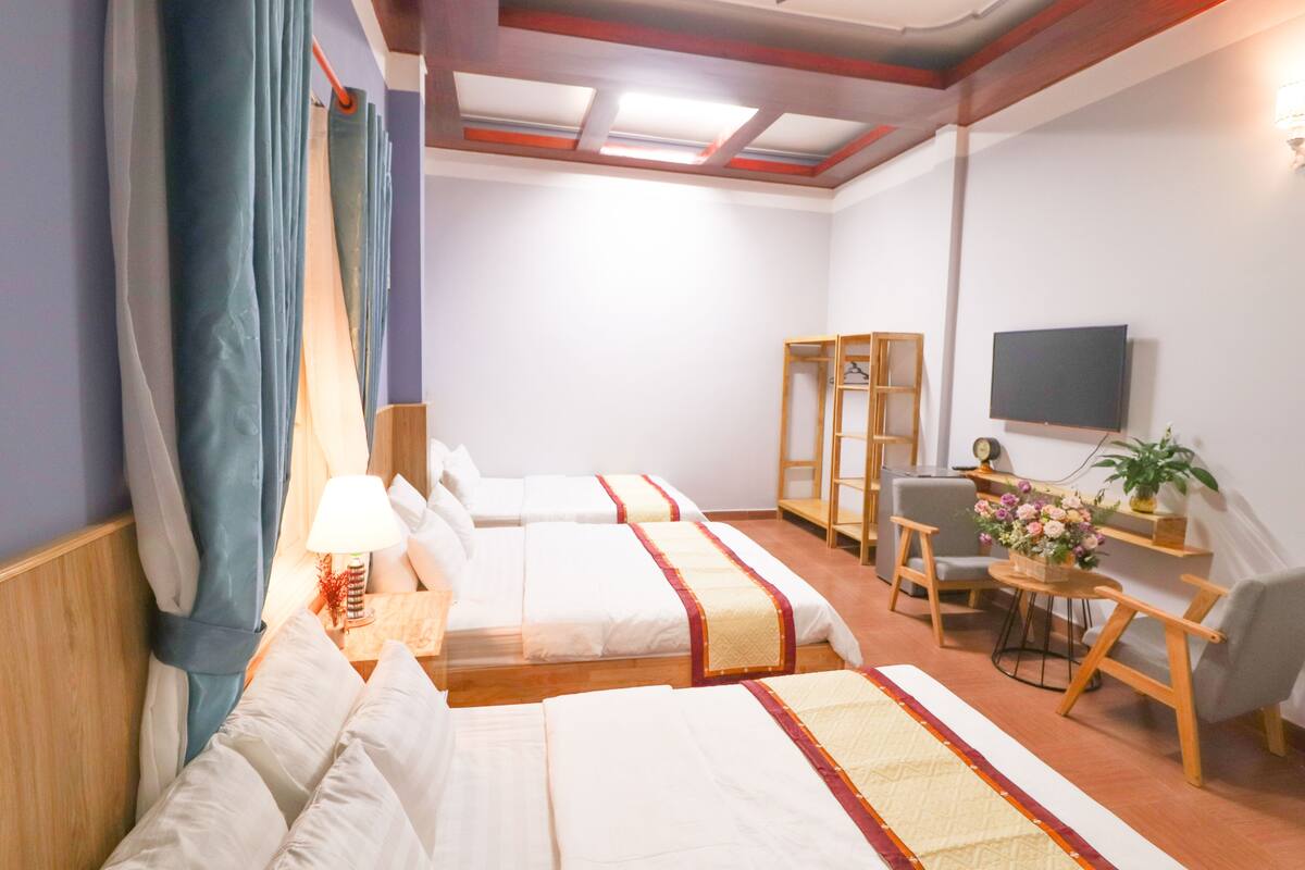 A hotel room with three beds, a desk with a chair, a TV, and a small table with a plant.