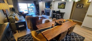 Televisio, takka, DVD-soitin, musiikkikirjasto