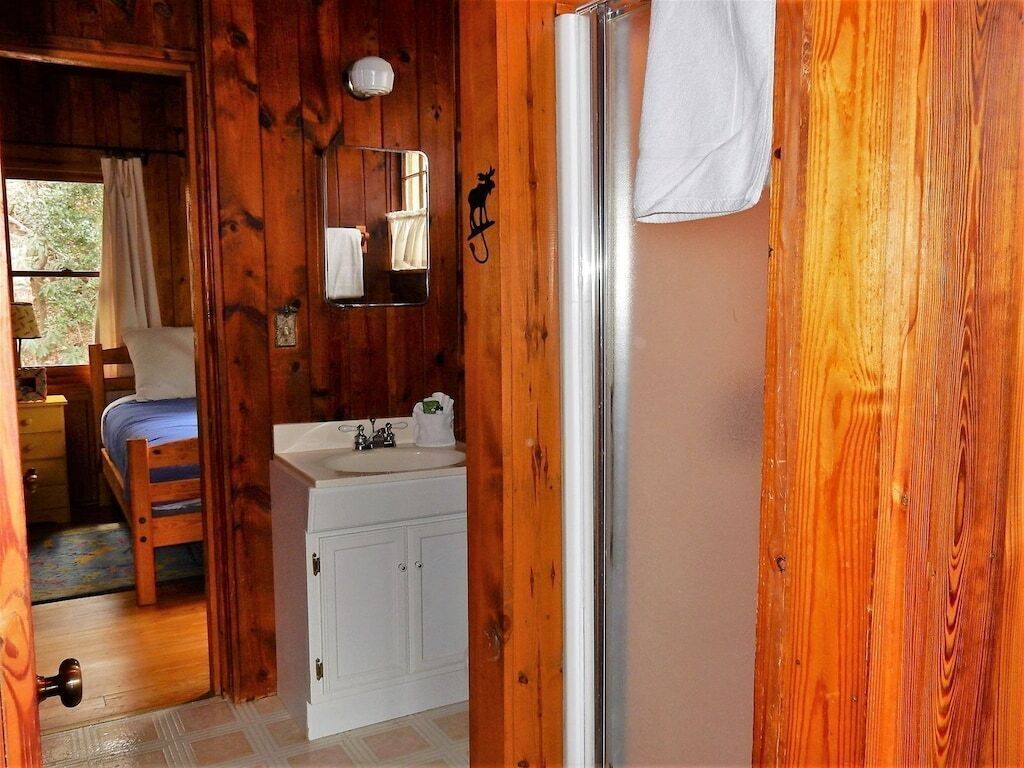 A wooden cabin interior with a bed, a white sink, and a mirror.