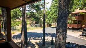 Um espaço ao ar livre coberto com um caminho de cascalho, rodeado por árvores altas, que leva a um edifício com fachada de pedra.
