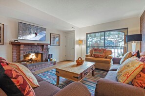 Televisio, takka, DVD-soitin, videokirjasto