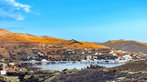 The view of the marina of Vourkari, only a 6 minute walk from the villa