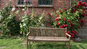 A wooden bench in a garden with a brick wall and flowering plants.