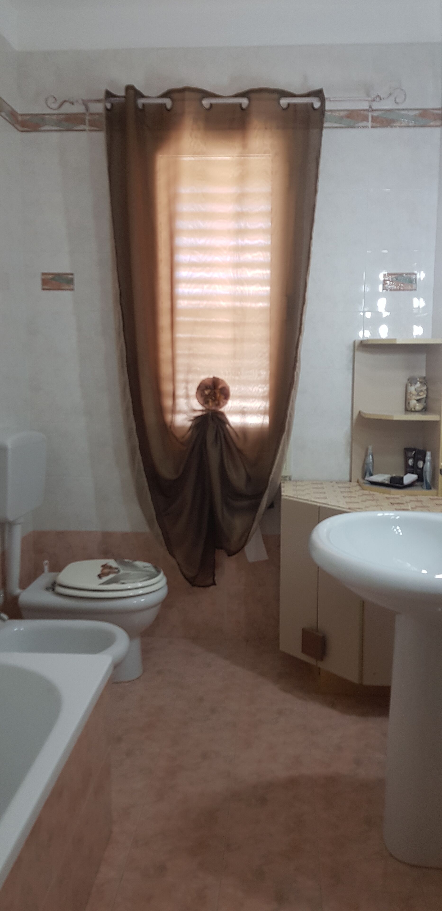 Een bad/douchecombinatie, een haardroger, een bidet, handdoeken